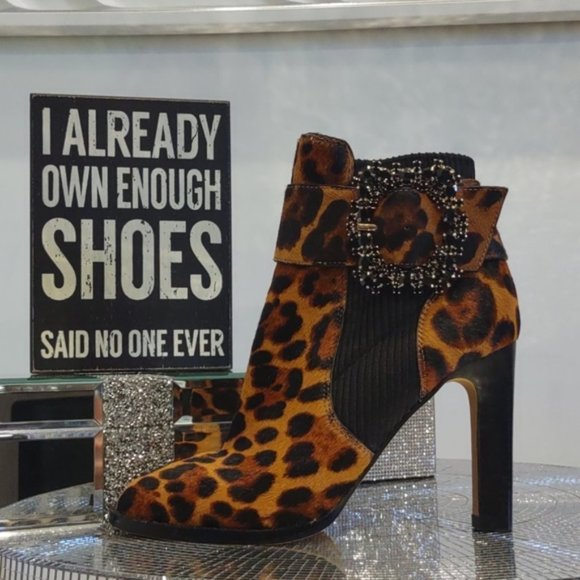 Karl Lagerfeld Vania Calf Hair Rhinestone Ankle Boots Animal High Heel Leopard - Picture 2 of 10